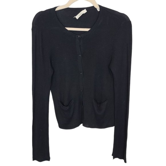 A.L.C. Womens L Black Ribbed Long Sleeves Button Front Silk Cardigan Sweater